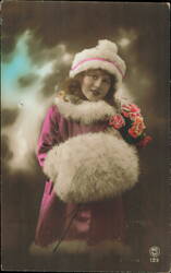 Young Woman in Winter Fur Hat and Coat with Flowers Postcard