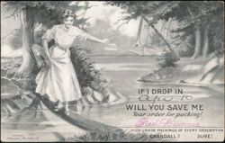 Crandall Packing Co. Advertising Woman on Log Postcard