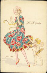 La Surprise, Woman in Rose Pattern Dress and Cupid Postcard