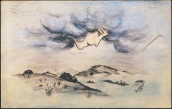 Surreal Woman's Face in Clouds Over Landscape Postcard