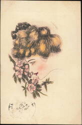 Beautiful Woman with Pink Flowers Illustration Postcard