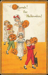 Children with Jack-o'-Lanterns Hurrah for Halloween Postcard