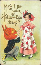 May I Be Your Hallow-Een Beau? Pumpkin Head Man Proposing Postcard