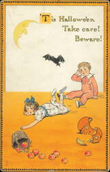 Halloween Children with Basket of Apples and Broken Pumpkin Postcard