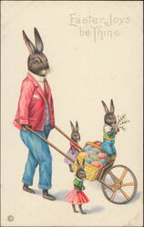 Easter Bunnies with Wheelbarrow of Eggs Postcard