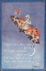Fairy Riding a Tiger Moth with Crescent Moon Illustration Postcard