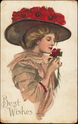 Woman in Poppy Hat Holding Red Rose, Best Wishes Postcard