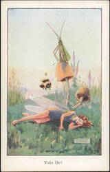 Fairy Sleeping in Meadow with Mantis and Bumblebee Postcard