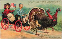 Children Riding in a Carriage Pulled by Two Turkeys Postcard
