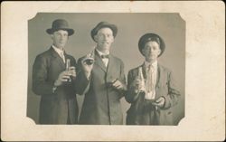 Three Men in Bowler Hats Drinking Bottled Beer or Soda Postcard