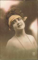 Portrait of a Woman with Yellow Headband and Pearl Necklace Postcard
