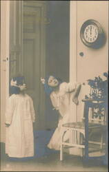 Two Girls in Nightgowns with Clock, Happy New Year Greeting Postcard