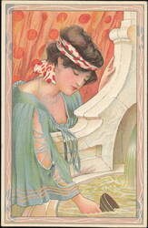 Woman at Fountain, Art Nouveau Illustration Postcard