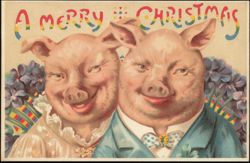 Merry Christmas Anthropomorphic Pigs in Formal Attire Postcard