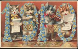 HTL 1910 Cats Playing Instruments Kind New Year Greeting Postcard