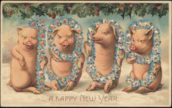 HTL 1909 Four Pigs Wearing Flower Garlands A Happy New Year Postcard