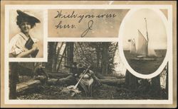 Woman, Sailboat, and Campers, Waterloo, Iowa Advertising Postcard