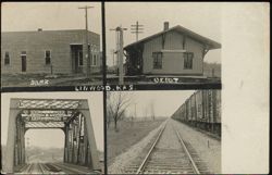 Bank, Depot, Bridge, and Railroad Scenes in Linwood, Kansas Postcard
