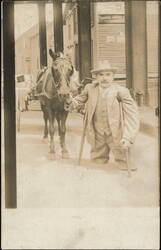 Amputee with Crutches Standing Beside his Horse & Cart Postcard