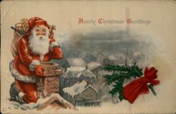 Santa Claus on Chimney Hearty Christmas Greetings Postcard