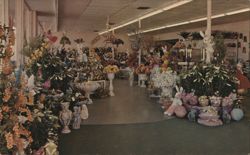 FLOWERLAND Floral Shop Interior, Easter Displays Postcard
