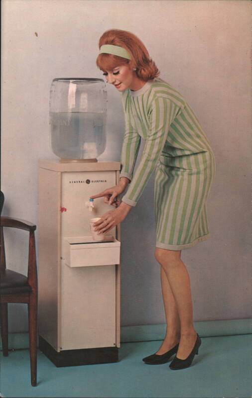 Woman with GE Water Cooler, Two-Tone Tan Bottle-Type