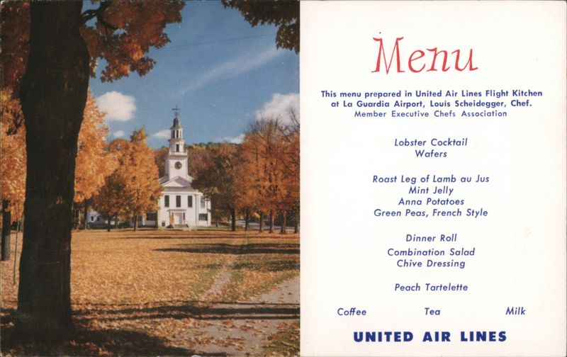 United Air Lines Menu - New England Fall Scene Airline Advertising
