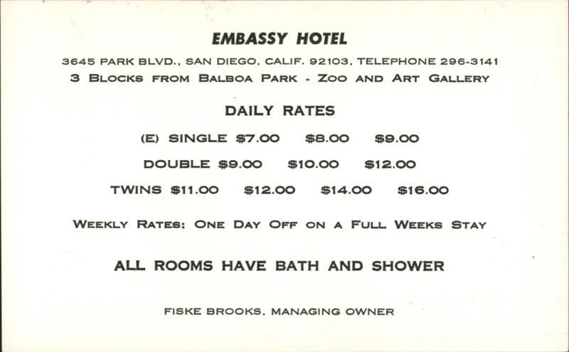 Embassy Hotel Daily Rates, San Diego, CA California