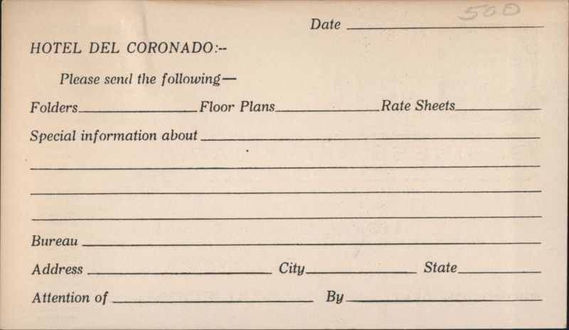 Hotel Del Coronado Information Request Business Reply Card California