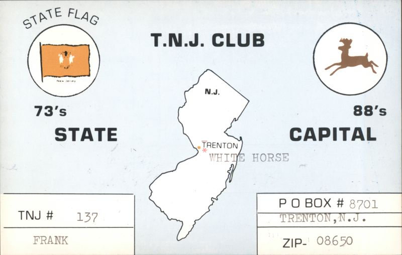 T.N.J. Club New Jersey CB Radio QSL Card Trenton