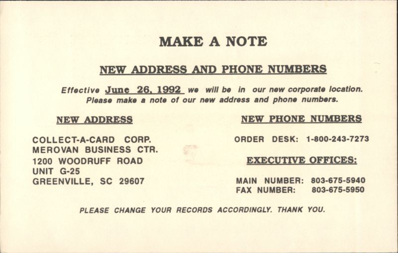 COLLECT-A-CARD CORP. New Address & Phone Numbers Postal Cards & Correspondence