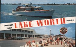 Lake Worth FL Waterfront, Boat, Beach, First National Bank Postcard