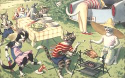 Cats' Picnic & BBQ, Happy Bastille Day Anniversary Postcard