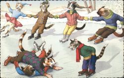 Cats Ice Skating, Some Falling, Some Holding Hands Postcard