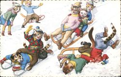 Cats Sledding, Playing in Snow, Winter Fun Postcard