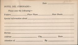 Hotel Del Coronado Information Request Business Reply Card Postcard