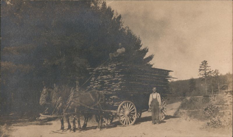 Two Men & Horses Hauling Lumber Cart Logging