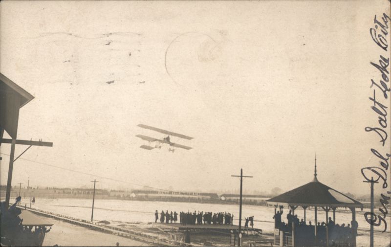 Louis Paulhan Flying, Early Biplane Over Fairgrounds Salt Lake City Utah