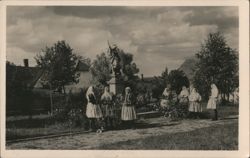 Liděřovice Women in Traditional Dress by Statue Postcard