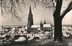 Freiburg Minster Winter, Snowy Bench View Postcard