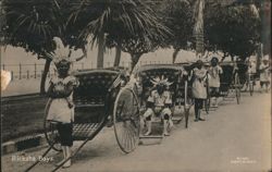 Ricksha Boys in Elaborate Costumes with Rickshaws Postcard