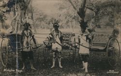Ricksha Boys with Horned Headdresses & Rickshaws Postcard