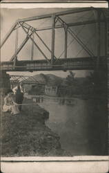Man & Woman Fishing, Two Bridges Over River Postcard