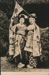 Two Japanese Women in Kimono with Rising Sun Flag Postcard