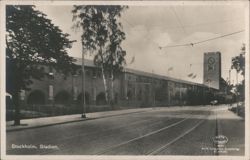 Stockholm Stadion with Clock Tower and Tram Tracks Postcard