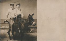 Studio Photo Two Men Riding Donkey with Rake, Humorous Beach Scene Postcard