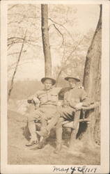 Two Soldiers in Uniform Sitting on Bench May 4th 1919 Postcard