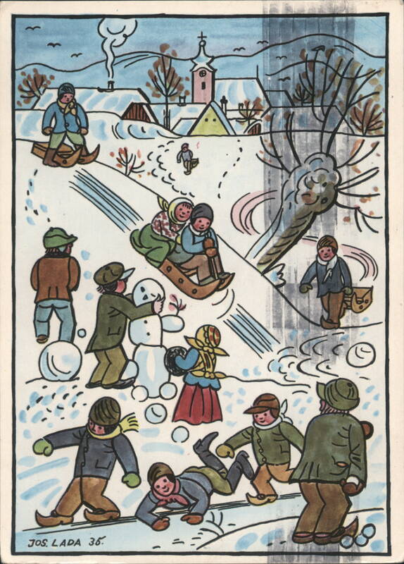 Winter Fun, Children Sledding and Building a Snowman Praha Czechoslovakia