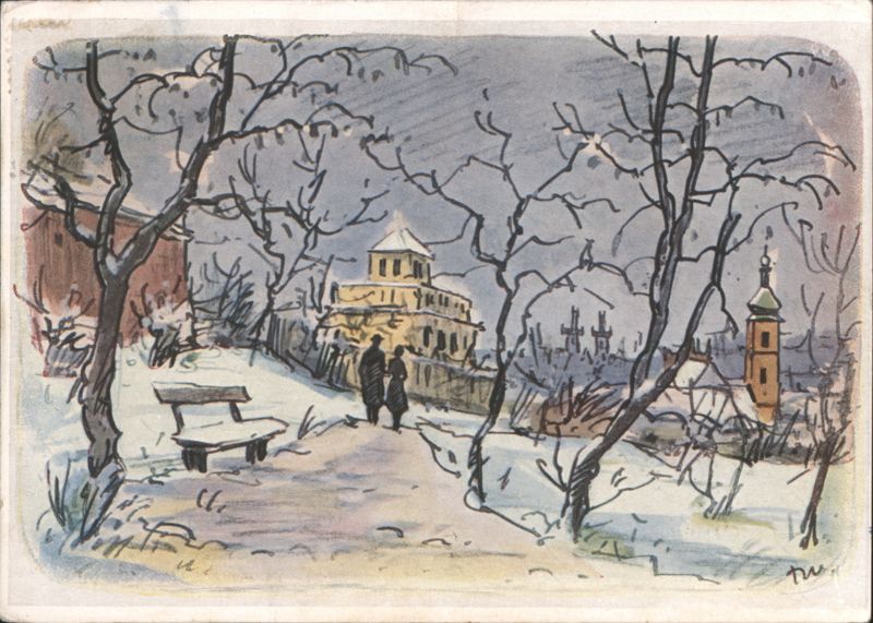 Snowy Winter Scene with Figures and Church Praha Czechoslovakia