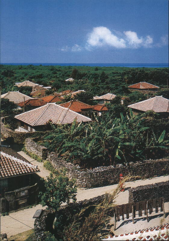 Village Houses surrounded by walls of coral on Taketomi Island Japan